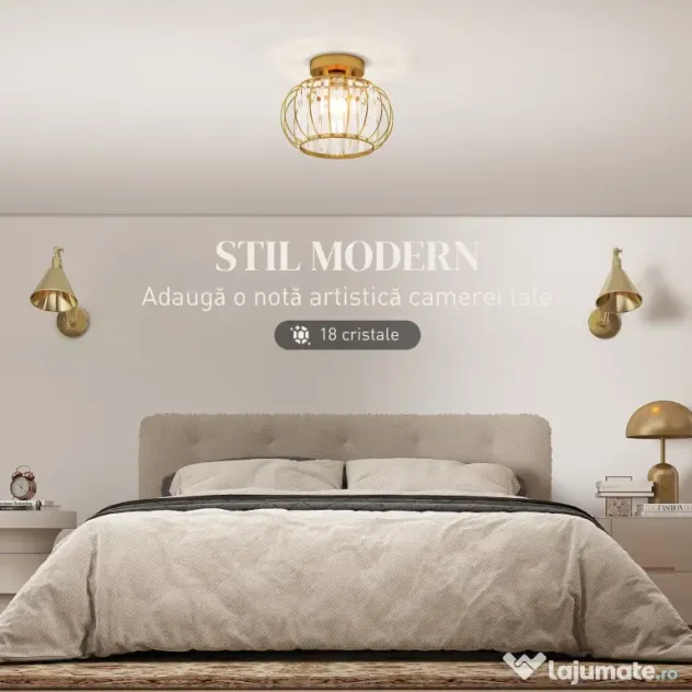 HOMCOM Plafonieră LED Modernă și Minimalistă cu Structură Tip Cușcă și 18 Cristale, din Metal Auriu, Ø27x19 cm