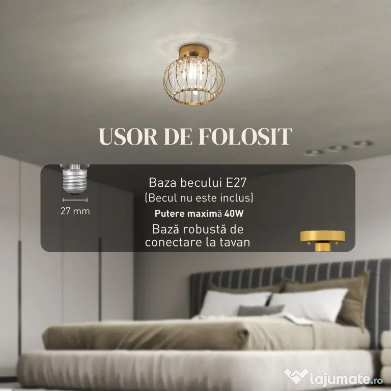 HOMCOM Plafonieră LED Modernă și Minimalistă cu Structură Tip Cușcă și 18 Cristale, din Metal Auriu, Ø27x19 cm