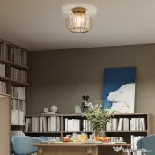 HOMCOM Plafonieră LED Modernă și Minimalistă cu Structură Tip Cușcă și 18 Cristale, din Metal Auriu, Ø27x19 cm
