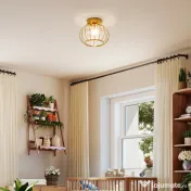 HOMCOM Plafonieră LED Modernă și Minimalistă cu Structură Tip Cușcă și 18 Cristale, din Metal Auriu, Ø27x19 cm