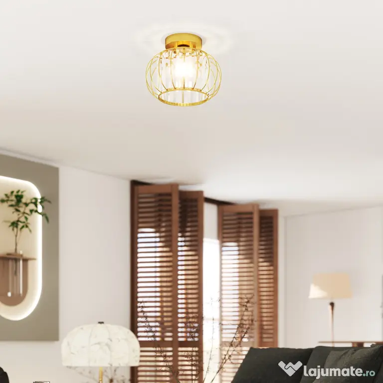 HOMCOM Plafonieră LED Modernă și Minimalistă cu Structură Tip Cușcă și 18 Cristale, din Metal Auriu, Ø27x19 cm