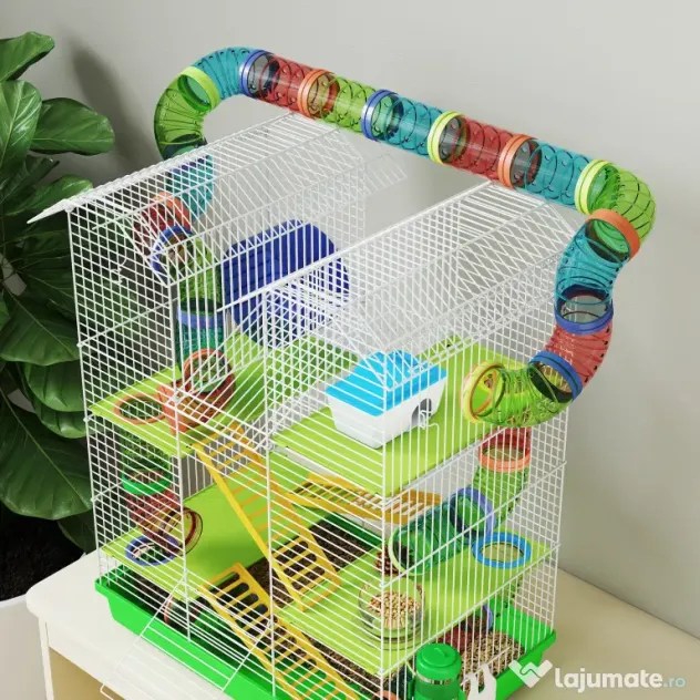 PawHut Cușcă pentru Hamsteri și Rozătoare cu 5 Niveluri și Tuburi Colorate Albastru | Aosom Romania