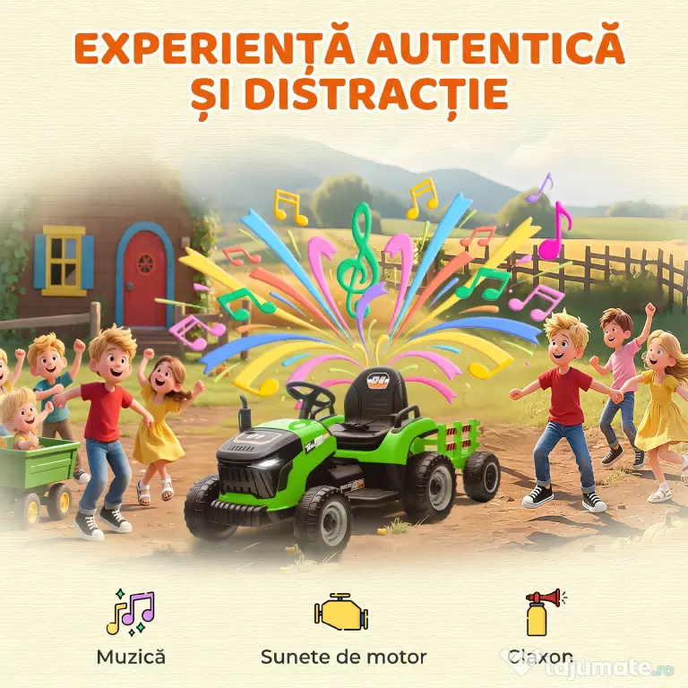 AIYAPLAY Tractor Electric 2 în 1 pentru Copii 3-8 Ani 12V cu Remorcă Detașabilă, Mașină Electrică pentru Copii cu Telecomandă, Centură de Siguranță, Muzică, Lumini LED și Claxon, Verde | Aosom Romania