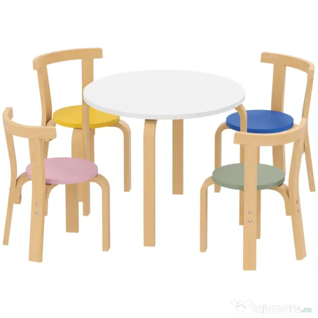 AIYAPLAY Set Masă și Scaune pentru Copii 3-8 Ani, 5 Piese cu Margini Rotunjite din Lemn Multicolor | Aosom Romania