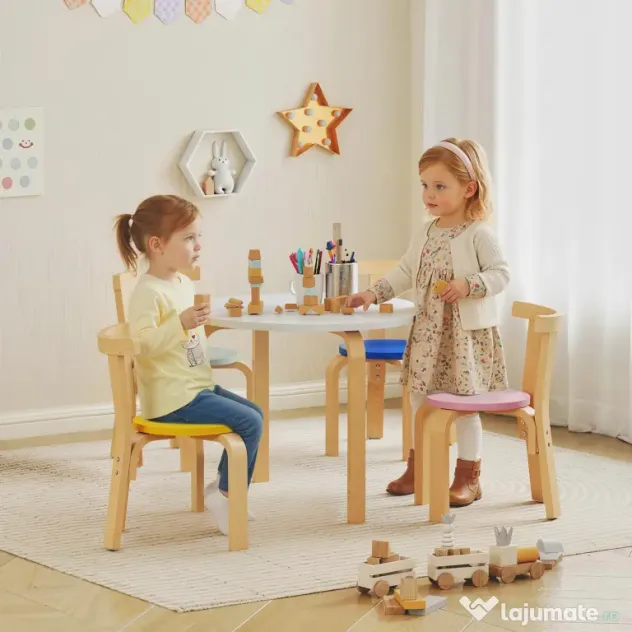 AIYAPLAY Set Masă și Scaune pentru Copii 3-8 Ani, 5 Piese cu Margini Rotunjite din Lemn Multicolor | Aosom Romania