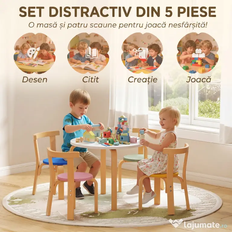 AIYAPLAY Set Masă și Scaune pentru Copii 3-8 Ani, 5 Piese cu Margini Rotunjite din Lemn Multicolor | Aosom Romania
