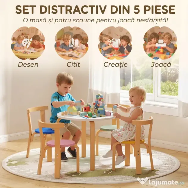 AIYAPLAY Set Masă și Scaune pentru Copii 3-8 Ani, 5 Piese cu Margini Rotunjite din Lemn Multicolor | Aosom Romania