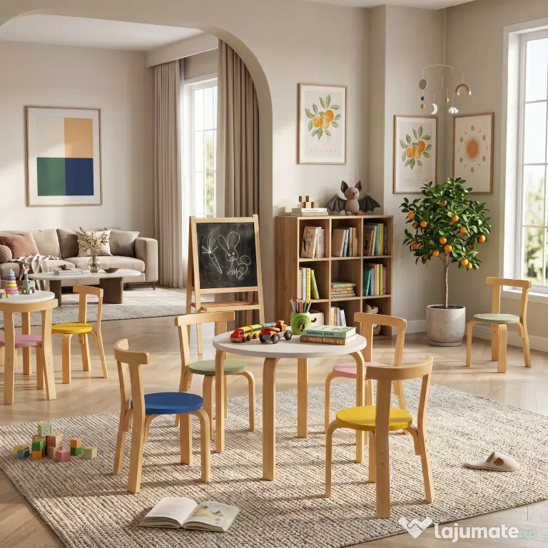 AIYAPLAY Set Masă și Scaune pentru Copii 3-8 Ani, 5 Piese cu Margini Rotunjite din Lemn Multicolor | Aosom Romania
