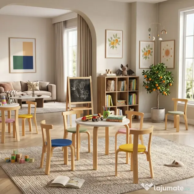 AIYAPLAY Set Masă și Scaune pentru Copii 3-8 Ani, 5 Piese cu Margini Rotunjite din Lemn Multicolor | Aosom Romania