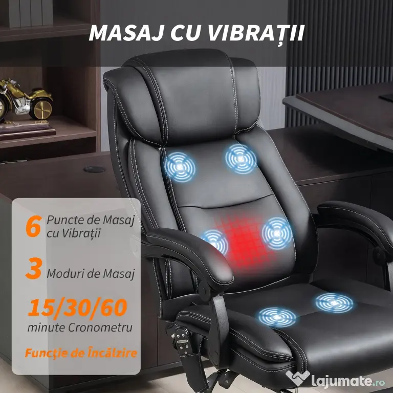 HOMCOM Scaun de Birou cu Masaj și Încălzire, Reclinabil, din Piele PU, cu Telecomandă și Suport pentru Picioare, Negru | Aosom Romania