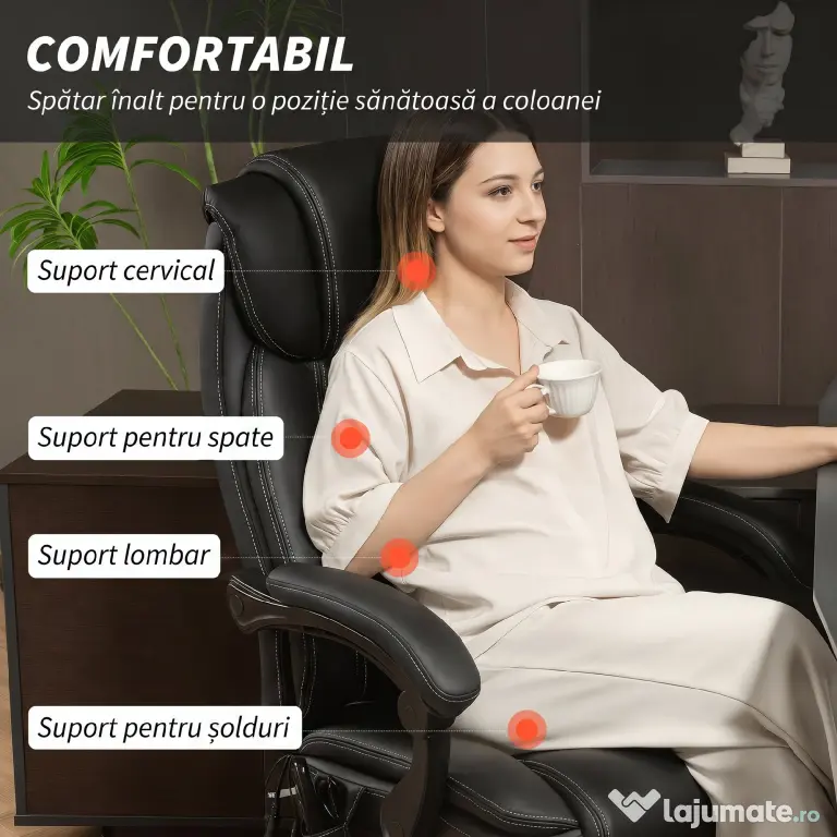 HOMCOM Scaun de Birou cu Masaj și Încălzire, Reclinabil, din Piele PU, cu Telecomandă și Suport pentru Picioare, Negru | Aosom Romania