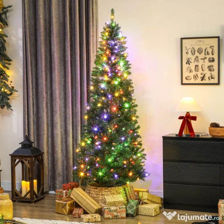 HOMCOM Pom de Crăciun Artificial de 210 cm cu Lumini Incorporate Albe și Colorate în 9 Moduri și 1273 Ramuri Ignifuge, Brad de Crăciun Realist și Des cu Bază Metalică Pliabilă pentru Acasă | Aosom Romania