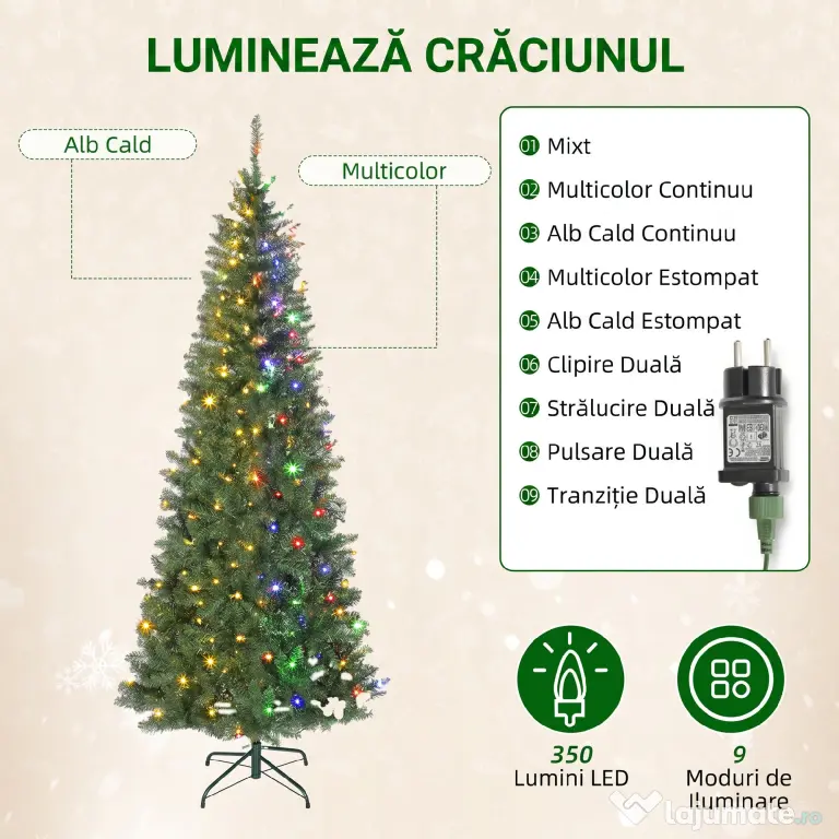 HOMCOM Pom de Crăciun Artificial de 210 cm cu Lumini Incorporate Albe și Colorate în 9 Moduri și 1273 Ramuri Ignifuge, Brad de Crăciun Realist și Des cu Bază Metalică Pliabilă pentru Acasă | Aosom Romania