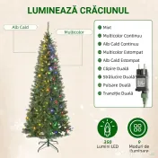 HOMCOM Pom de Crăciun Artificial de 210 cm cu Lumini Incorporate Albe și Colorate în 9 Moduri și 1273 Ramuri Ignifuge, Brad de Crăciun Realist și Des cu Bază Metalică Pliabilă pentru Acasă | Aosom Romania