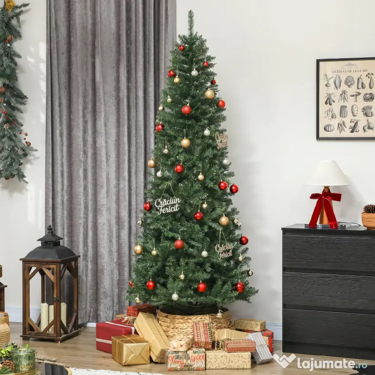 HOMCOM Pom de Crăciun Artificial de 210 cm cu Lumini Incorporate Albe și Colorate în 9 Moduri și 1273 Ramuri Ignifuge, Brad de Crăciun Realist și Des cu Bază Metalică Pliabilă pentru Acasă | Aosom Romania