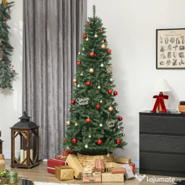 HOMCOM Pom de Crăciun Artificial de 210 cm cu Lumini Incorporate Albe și Colorate în 9 Moduri și 1273 Ramuri Ignifuge, Brad de Crăciun Realist și Des cu Bază Metalică Pliabilă pentru Acasă | Aosom Romania