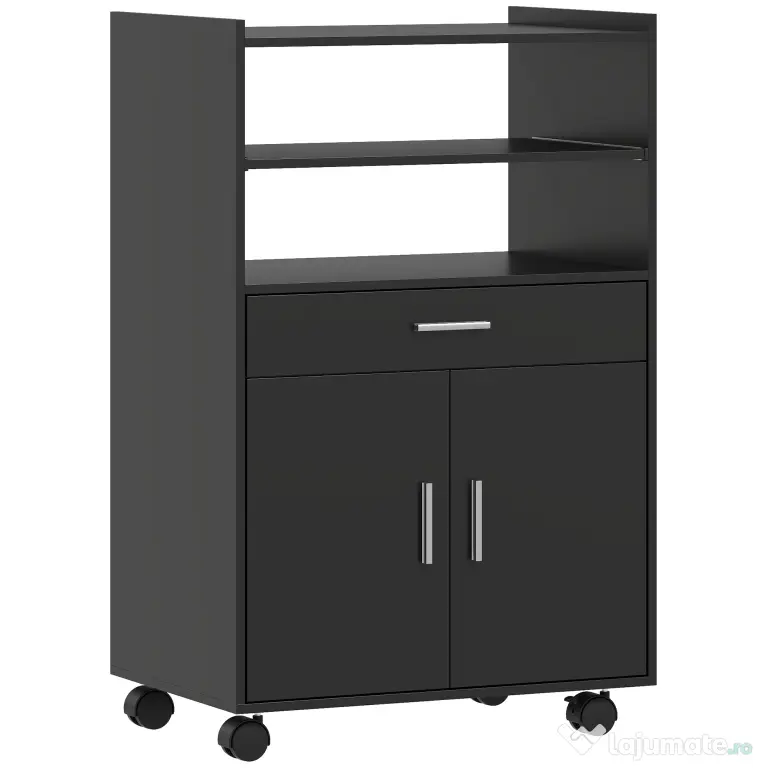 HOMCOM Dulap pentru Cuptorul cu Microunde cu Roți, Bufet de Bucătărie cu Sertar, Blat pentru Aparate, Dulap cu 2 Uși, Raft Retractabil și Raft Deschis, Cărucior de Bucătărie pentru Sufragerie, 59x40x92cm, Negru | Aosom Romania