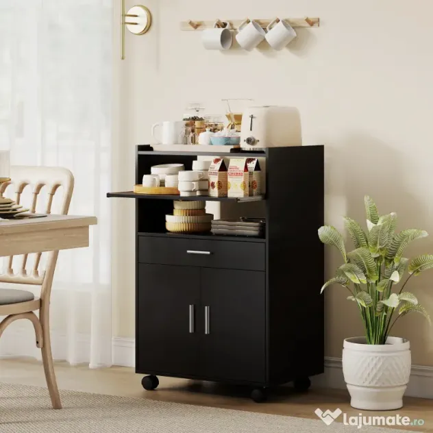 HOMCOM Dulap pentru Cuptorul cu Microunde cu Roți, Bufet de Bucătărie cu Sertar, Blat pentru Aparate, Dulap cu 2 Uși, Raft Retractabil și Raft Deschis, Cărucior de Bucătărie pentru Sufragerie, 59x40x92cm, Negru | Aosom Romania
