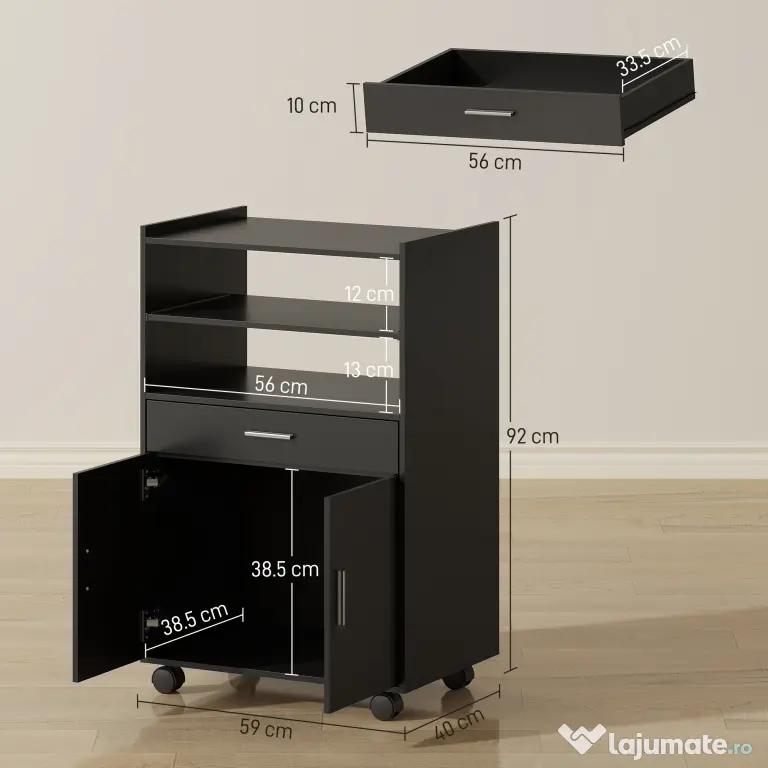 HOMCOM Dulap pentru Cuptorul cu Microunde cu Roți, Bufet de Bucătărie cu Sertar, Blat pentru Aparate, Dulap cu 2 Uși, Raft Retractabil și Raft Deschis, Cărucior de Bucătărie pentru Sufragerie, 59x40x92cm, Negru | Aosom Romania