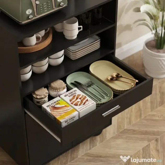 HOMCOM Dulap pentru Cuptorul cu Microunde cu Roți, Bufet de Bucătărie cu Sertar, Blat pentru Aparate, Dulap cu 2 Uși, Raft Retractabil și Raft Deschis, Cărucior de Bucătărie pentru Sufragerie, 59x40x92cm, Negru | Aosom Romania