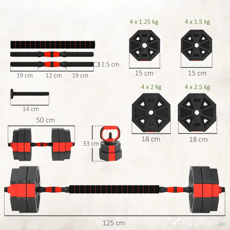 SPORTNOW Set Greutăți 4 în 1 de 30 kg, Kettlebell, 2 Haltere, Bară pentru Ridicări și Flotări, Roșu | Aosom Romania