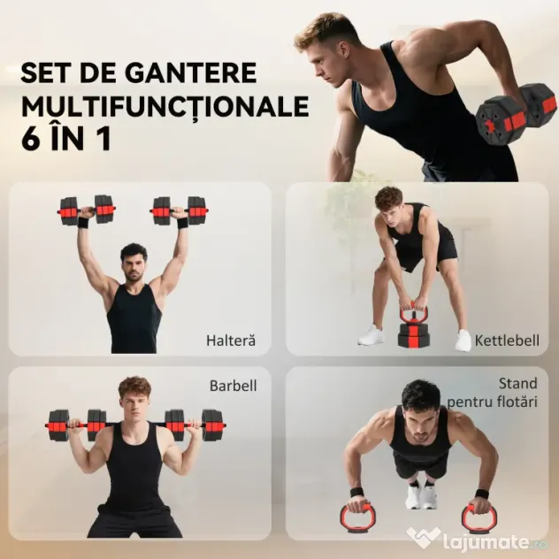 SPORTNOW Set Greutăți 4 în 1 de 30 kg, Kettlebell, 2 Haltere, Bară pentru Ridicări și Flotări, Roșu | Aosom Romania