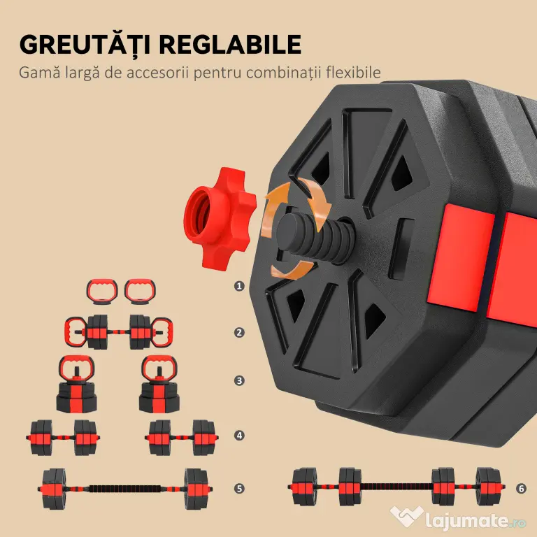 SPORTNOW Set Greutăți 4 în 1 de 30 kg, Kettlebell, 2 Haltere, Bară pentru Ridicări și Flotări, Roșu | Aosom Romania