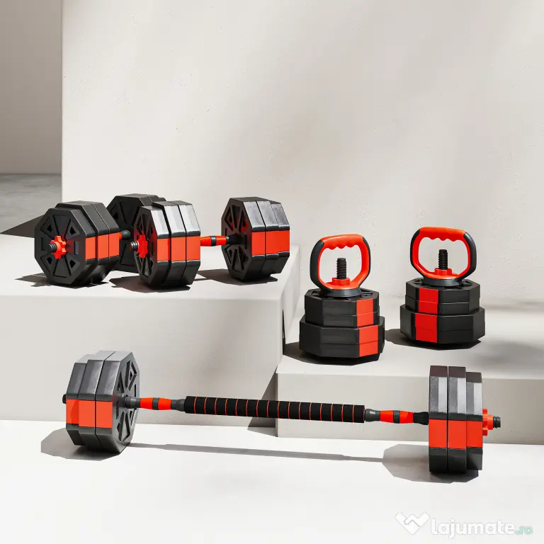 SPORTNOW Set Greutăți 4 în 1 de 30 kg, Kettlebell, 2 Haltere, Bară pentru Ridicări și Flotări, Roșu | Aosom Romania