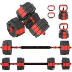 SPORTNOW Set Greutăți de Sală 4 în 1 de 30kg, Convertibil în Kettlebell, 2 Gantere, Haltere și Suport pentru Flotări, Roșu