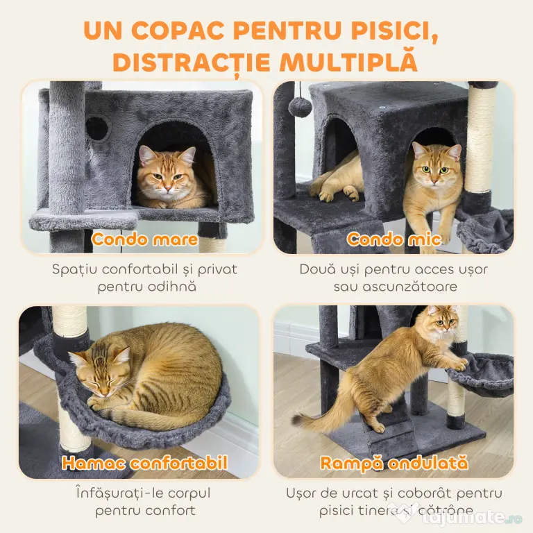 PawHut Ansamblu de joacă pentru pisici cu 2 căsuțe, culcuș și Hamac, 140 cm, Gri | Aosom Romania