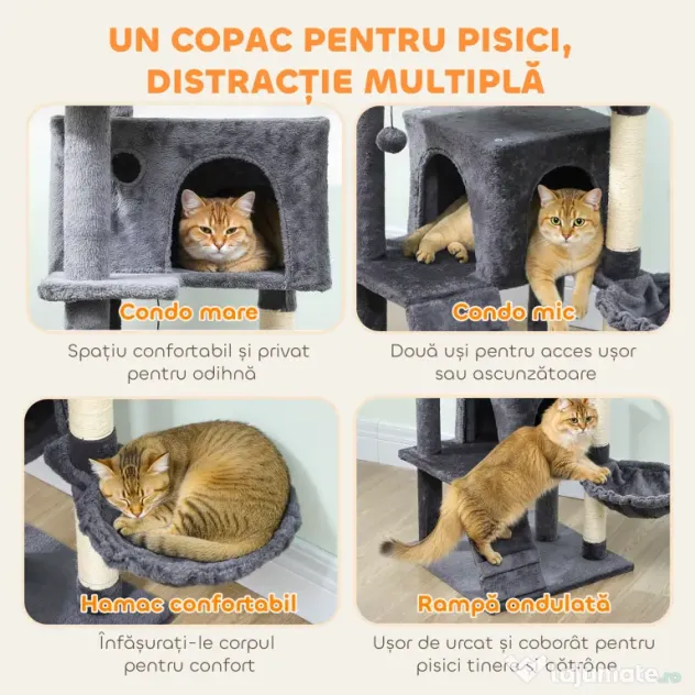 PawHut Ansamblu de joacă pentru pisici cu 2 căsuțe, culcuș și Hamac, 140 cm, Gri | Aosom Romania