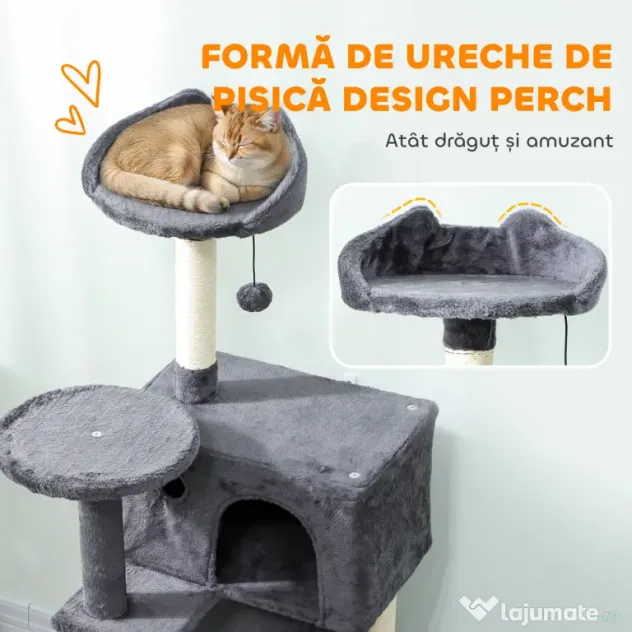 PawHut Ansamblu de joacă pentru pisici cu 2 căsuțe, culcuș și Hamac, 140 cm, Gri | Aosom Romania