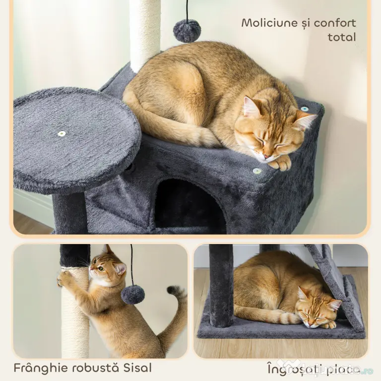 PawHut Ansamblu de joacă pentru pisici cu 2 căsuțe, culcuș și Hamac, 140 cm, Gri | Aosom Romania