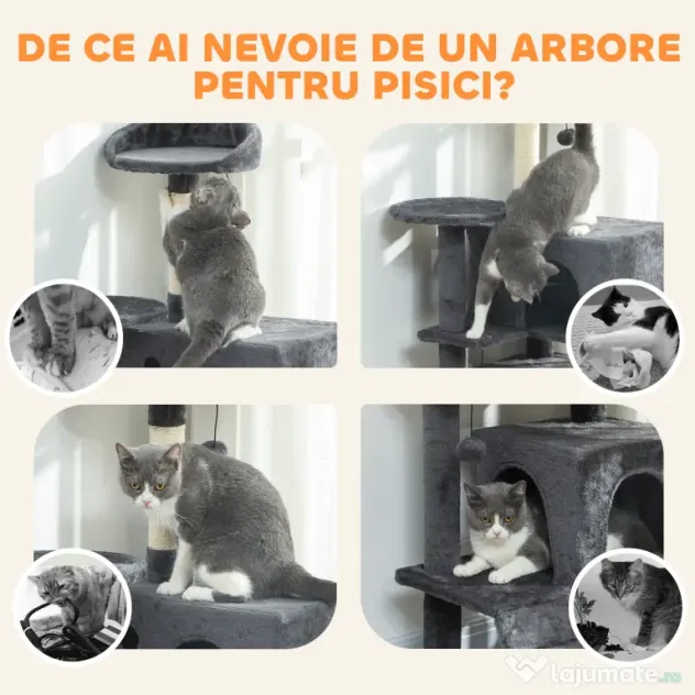 PawHut Ansamblu de joacă pentru pisici cu 2 căsuțe, culcuș și Hamac, 140 cm, Gri | Aosom Romania