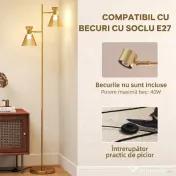 HOMCOM Lampă de podea modernă cu 2 lumini și capete reglabile, întrerupător cu pedală, aur | Aosom Romania