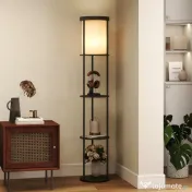 HOMCOM Lampă de Podea LED cu Rafturi Rotunde, Abajur Textile, Comutator cu Pedală și Telecomandă, Negru | Aosom Romania