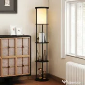 HOMCOM Lampă de Podea LED cu Rafturi Rotunde, Abajur Textile, Comutator cu Pedală și Telecomandă, Negru | Aosom Romania
