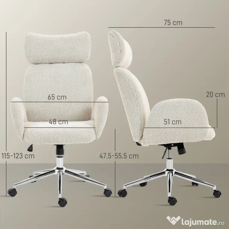 HOMCOM Scaun de Birou Rotativ din Bouclé cu Tetieră. Înălțime Reglabilă, Funcție Balansare, Gri Deschis-Alb | Aosom Romania