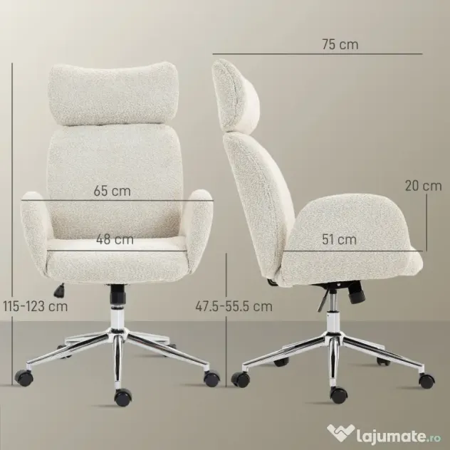 HOMCOM Scaun de Birou Rotativ din Bouclé cu Tetieră. Înălțime Reglabilă, Funcție Balansare, Gri Deschis-Alb | Aosom Romania