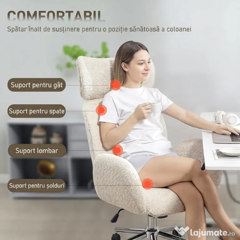 HOMCOM Scaun de Birou Rotativ din Bouclé cu Tetieră. Înălțime Reglabilă, Funcție Balansare, Gri Deschis-Alb | Aosom Romania