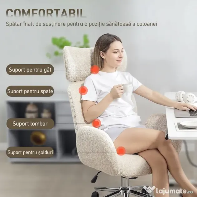 HOMCOM Scaun de Birou Rotativ din Bouclé cu Tetieră. Înălțime Reglabilă, Funcție Balansare, Gri Deschis-Alb | Aosom Romania