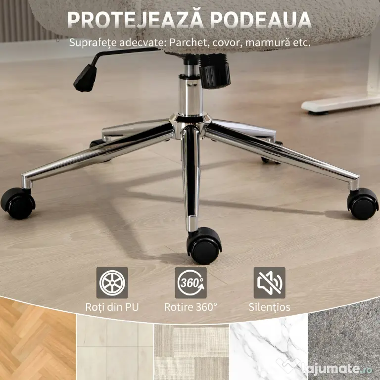 HOMCOM Scaun de Birou Rotativ din Bouclé cu Tetieră. Înălțime Reglabilă, Funcție Balansare, Gri Deschis-Alb | Aosom Romania