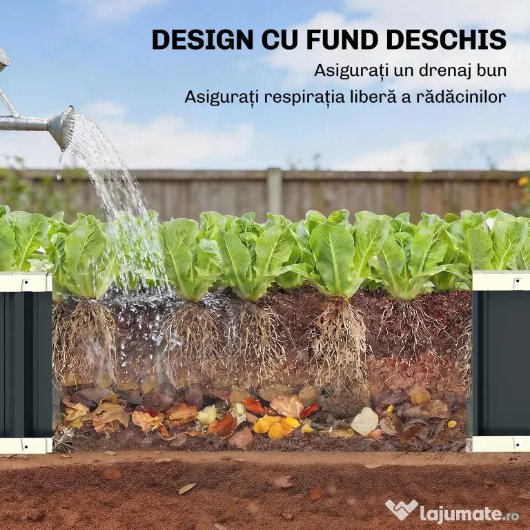 Outsunny Pat Ridicat de Grădină pentru Exterior cu Bază Deschisă, Mănuși, Margini Pliate, Ghiveci în Oțel Galvanizat pentru Plante, Flori, Legume Balcon Grădină, 136x52x31 cm, Gri Închis | Aosom Romania