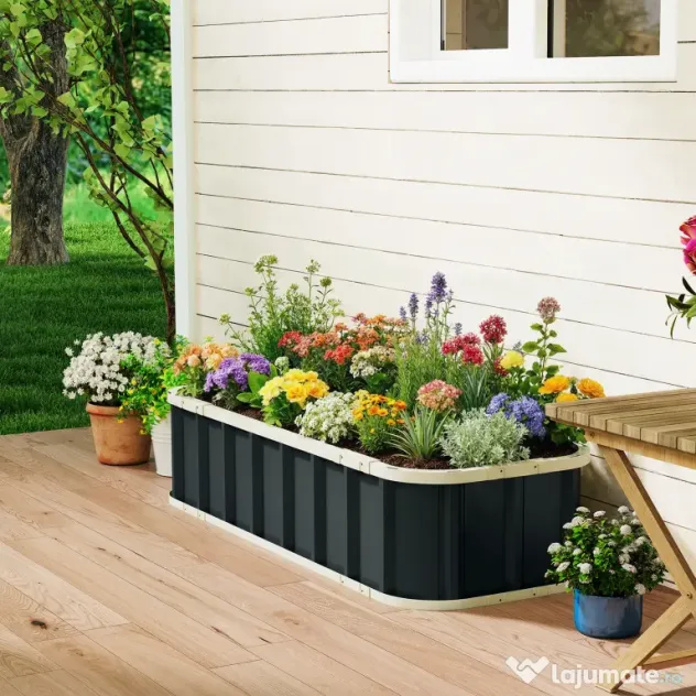 Outsunny Pat Ridicat de Grădină pentru Exterior cu Bază Deschisă, Mănuși, Margini Pliate, Ghiveci în Oțel Galvanizat pentru Plante, Flori, Legume Balcon Grădină, 136x52x31 cm, Gri Închis | Aosom Romania