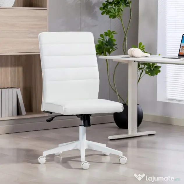 HOMCOM Scaun de Birou Ergonomic și Reglabil cu Spătar Curbat, din Piele PU și Oțel, 58x53x97-107 cm, Alb | Aosom Romania