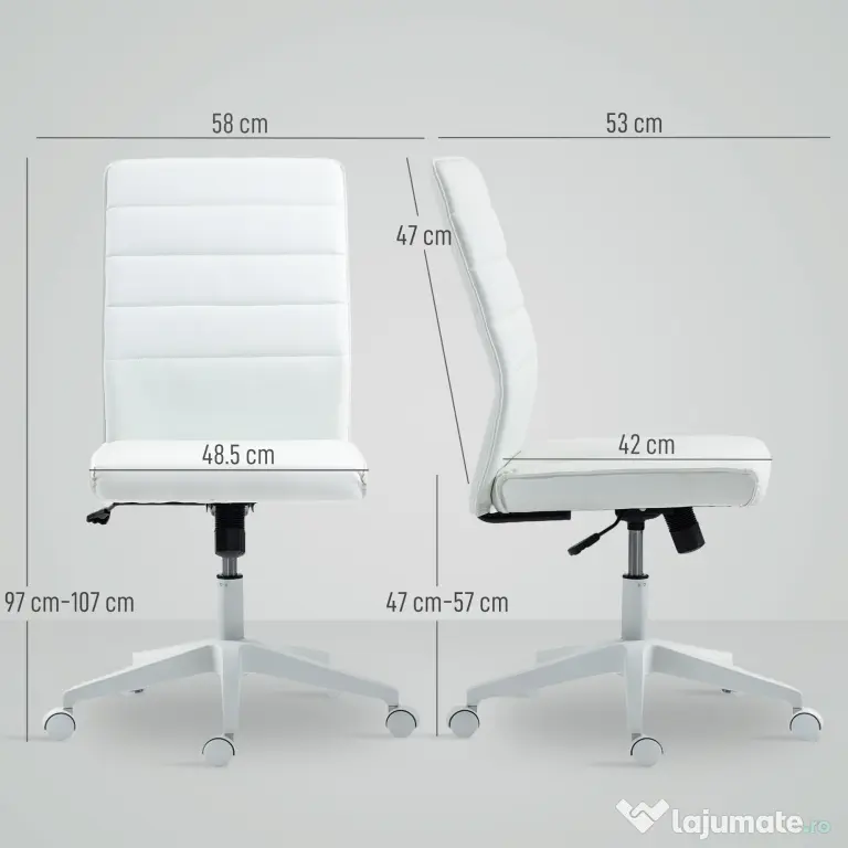 HOMCOM Scaun de Birou Ergonomic și Reglabil cu Spătar Curbat, din Piele PU și Oțel, 58x53x97-107 cm, Alb | Aosom Romania