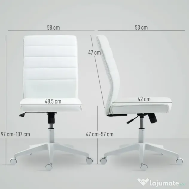 HOMCOM Scaun de Birou Ergonomic și Reglabil cu Spătar Curbat, din Piele PU și Oțel, 58x53x97-107 cm, Alb | Aosom Romania