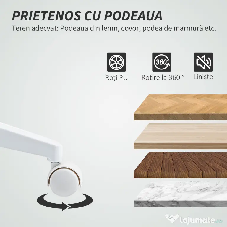 HOMCOM Scaun de Birou Ergonomic și Reglabil cu Spătar Curbat, din Piele PU și Oțel, 58x53x97-107 cm, Alb | Aosom Romania