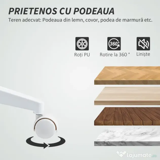 HOMCOM Scaun de Birou Ergonomic și Reglabil cu Spătar Curbat, din Piele PU și Oțel, 58x53x97-107 cm, Alb | Aosom Romania