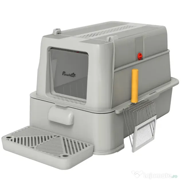 PawHut Litieră închisă pentru pisici de 80L cu tavă detașabilă, din ABS și oțel inoxidabil, 63x43x43 cm, gri deschis | Aosom Romania